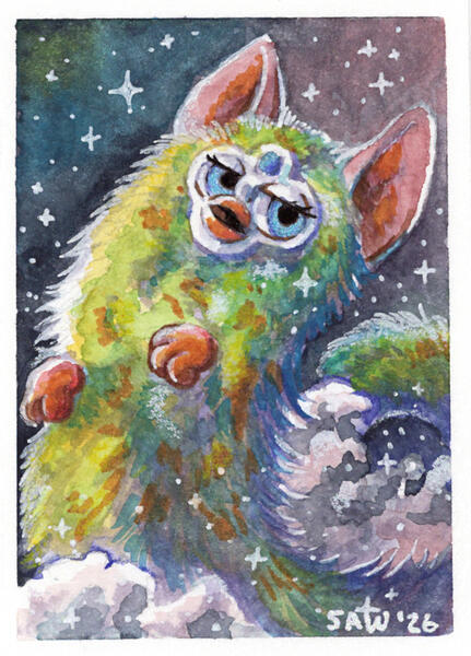 "Space Furby III" 01/2026 Watercolor, colored pencils, ink