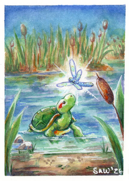 (Sold) "Friendly Turtle" 01/2026 Watercolor, ink
