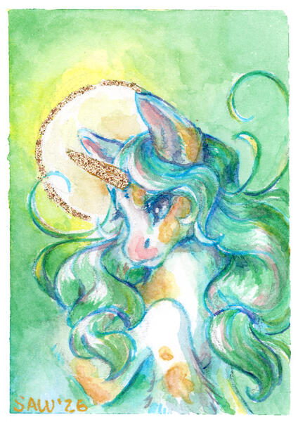 "The Golden Pinto Unicorn, Fey Belle" 03/2026 Hand Embossed Watercolor