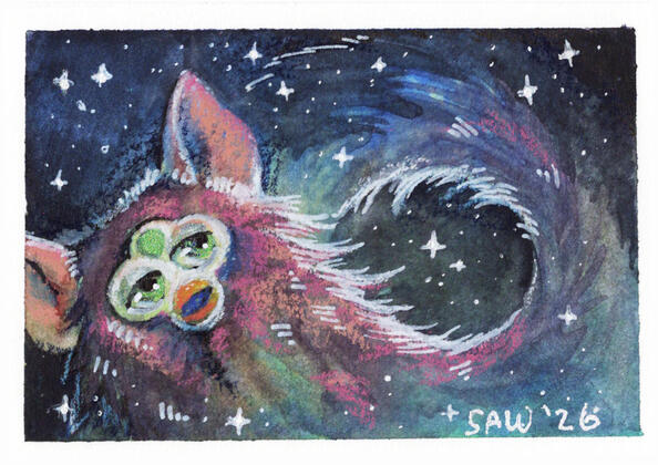 "Space Furby II" 01/2026 Watercolor, Colored pencil, ink