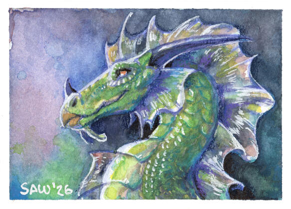 "Water Dragon I" 01/2026 Watercolor, colored pencil, ink